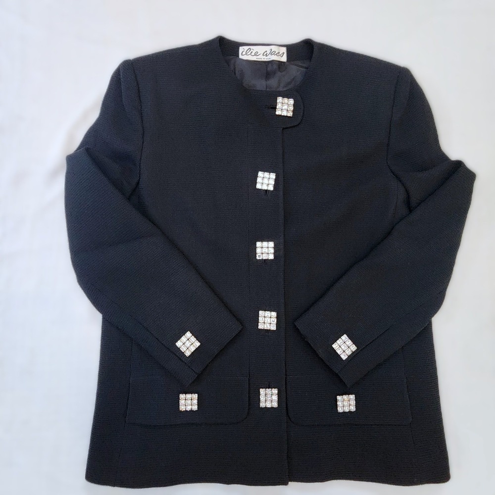 Vtg 1980s  Ilie Wacs Black SUIT JACKET Sz. 10 Bling Crystal Button Coat USA MADE